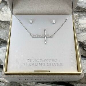 PRIMROSE Cross Pendant Necklace Sterling Silver Pave CZ Stud Earrings Gift Set